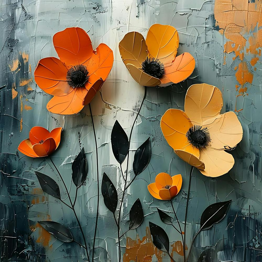 Abstraktes Texturiertes Kunstwerk mit dreidimensionalen orangefarbenen und gelben Blumen auf dunklem blauem Hintergrund