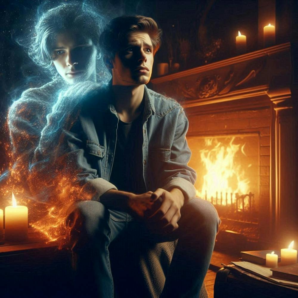 Man Sitting In Front Of Fireplace