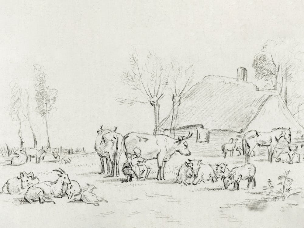 Farmyard With Cattle And Milking Woman, Jean Bernard