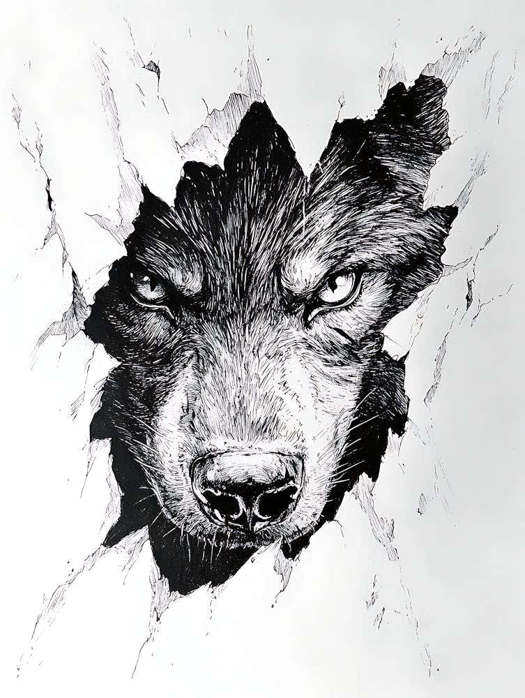 Angry Wolf Watching from Wall Hole 12