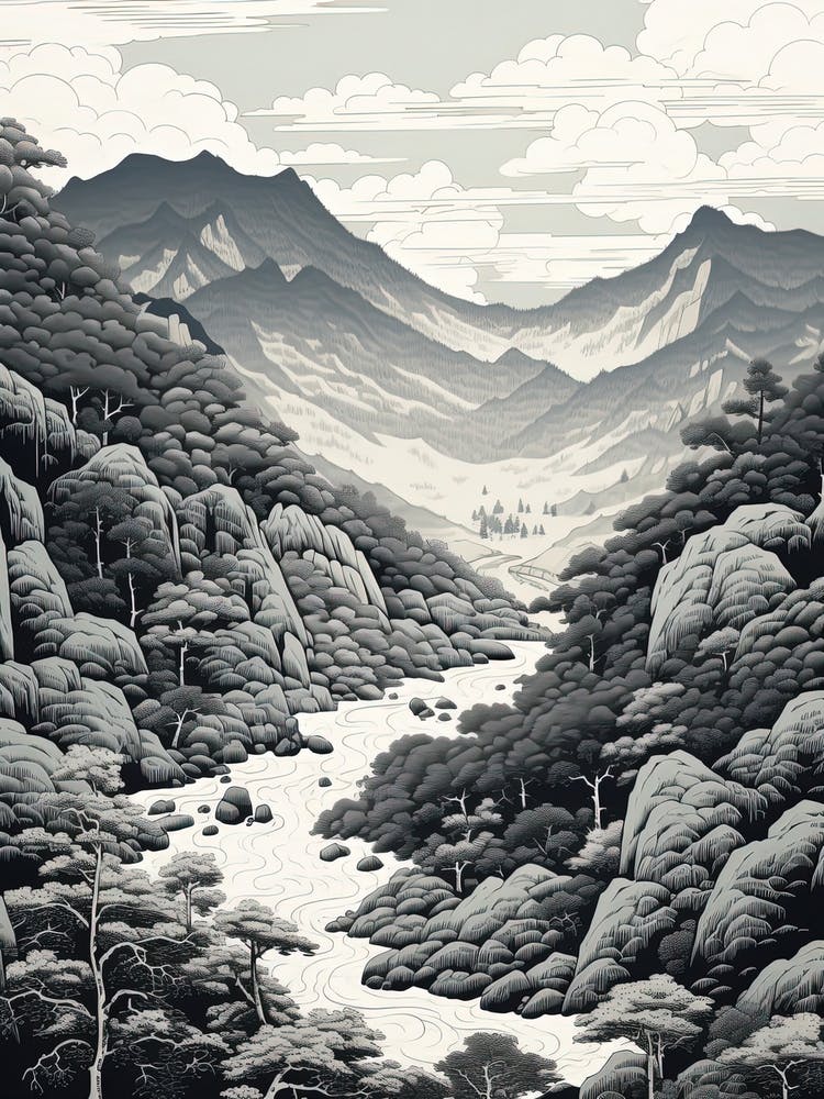 Aso Kuju National Park In Kumamoto, Ukiyo E Black And White Line Art Drawing 4