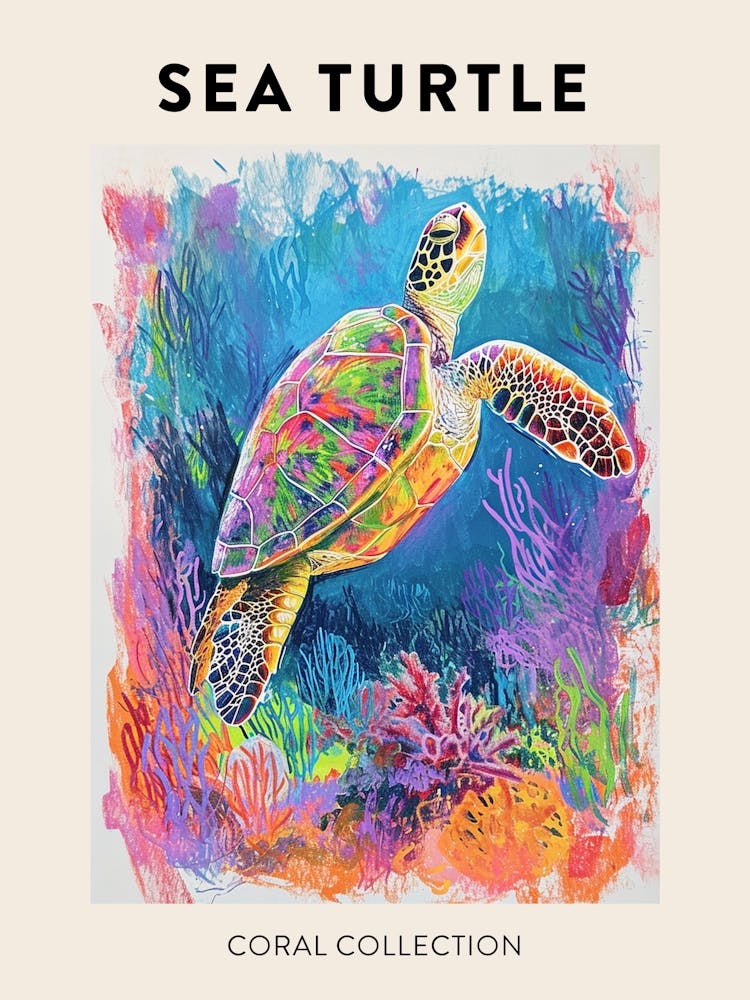 Sea Turtle With Marine Plants Scribble Poster 2