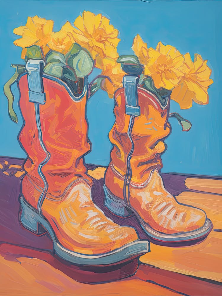 A Painting Of Cowboy Boots With Daffodils Flowers, Fauvist Style, Still Life 3