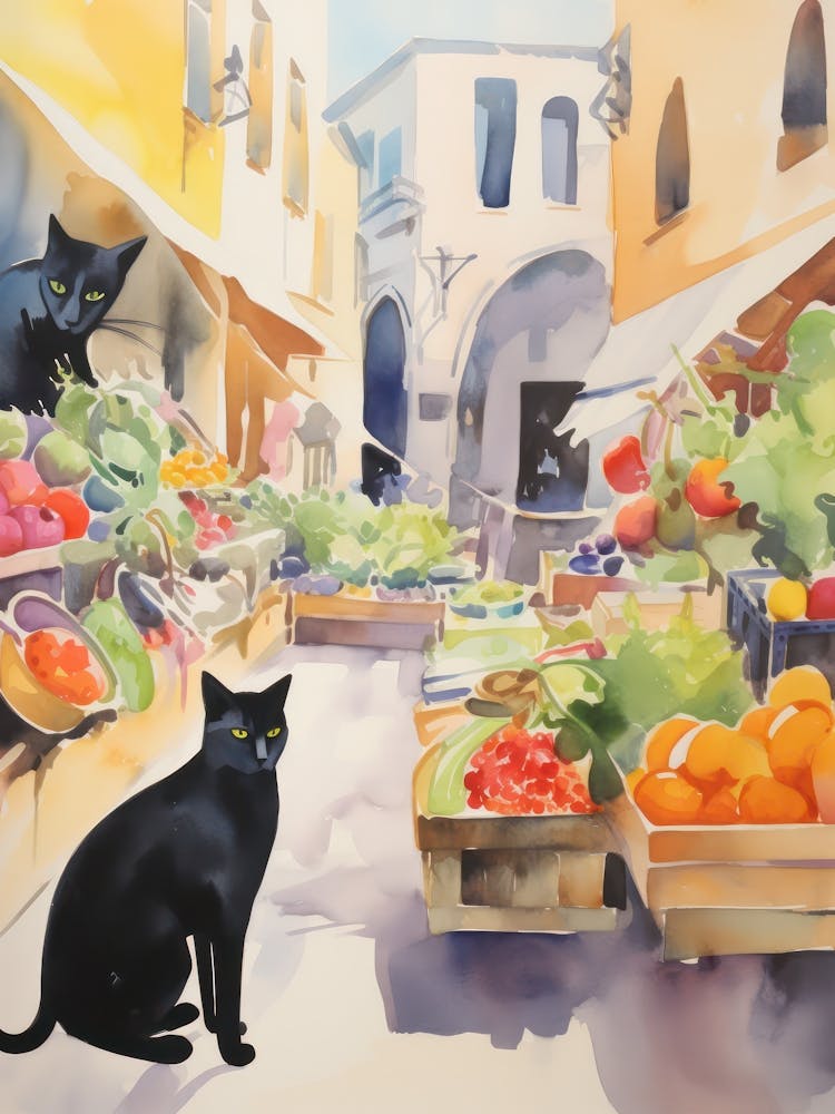 Food Market With Cats In Rome 4 Watercolour