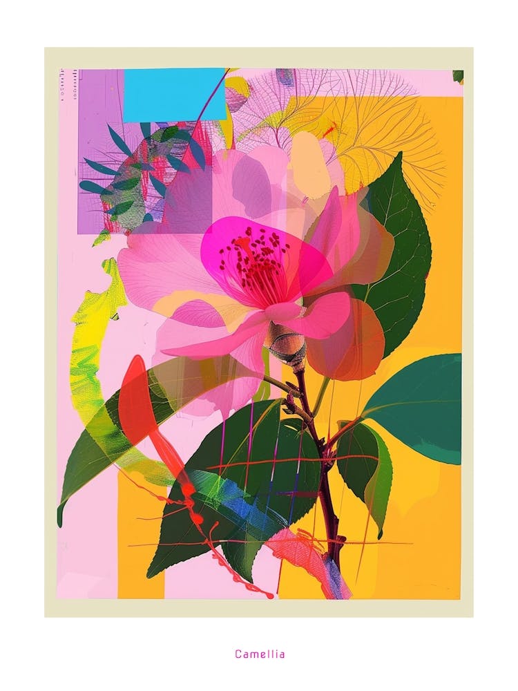 Camellia 2 Neon Flower Collage Poster