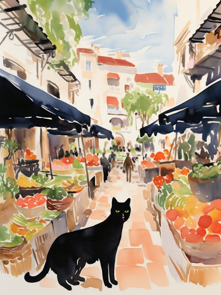 Food Market With Cats In Mallorca 1 Watercolour