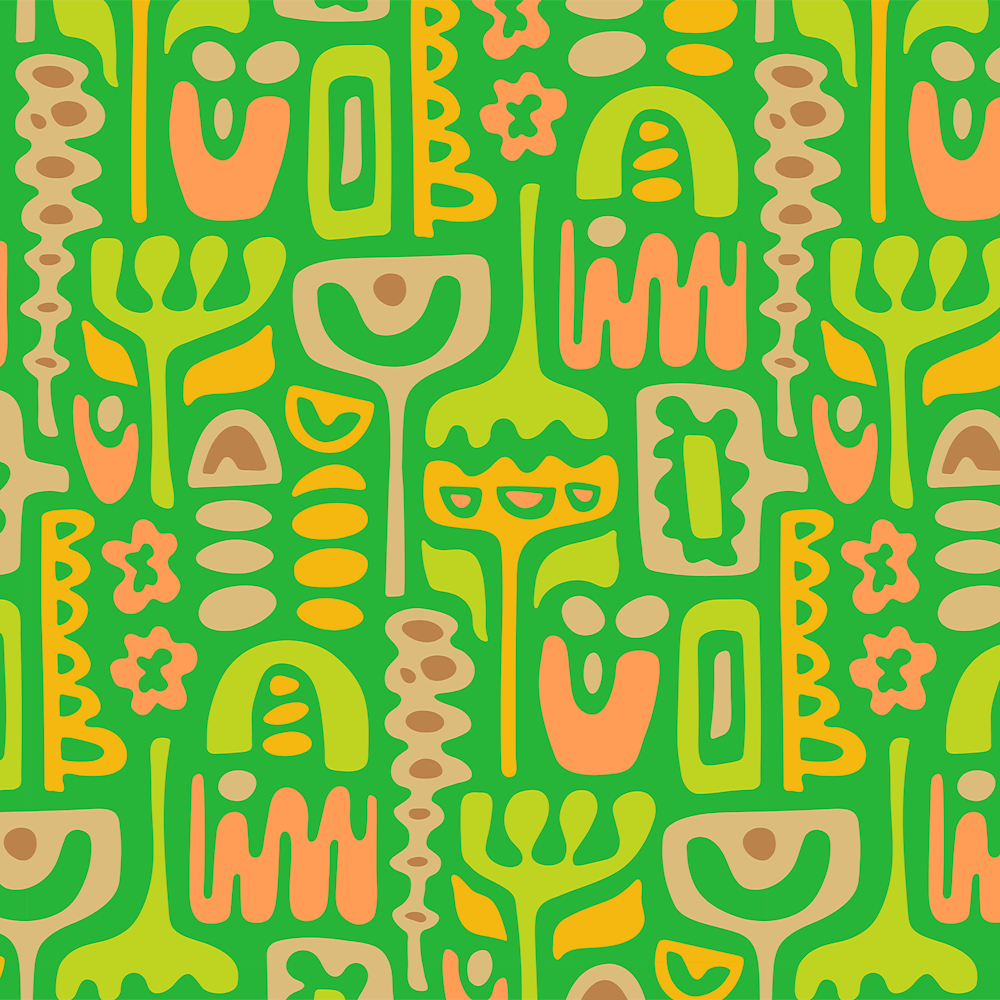 DREAMSCAPE Retro 70s Abstract Organic Floral Botanical Shapes in Lime Green Yellow Orange Sand Brown on Kelly Green