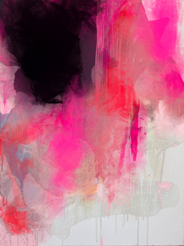PINK CASCADE - Abstrakte Moderne Zeitgenössische Malerei Leuchtrosa, Schwarz, Rot, Weiß