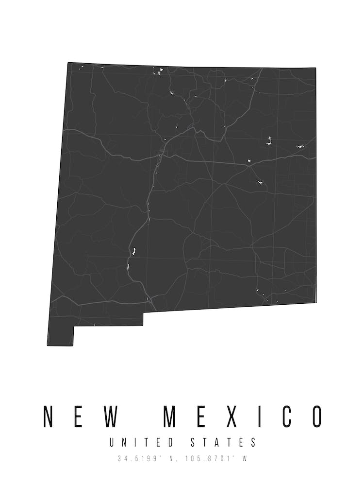 New Mexico Mono Black And White Modern Minimal Street Map