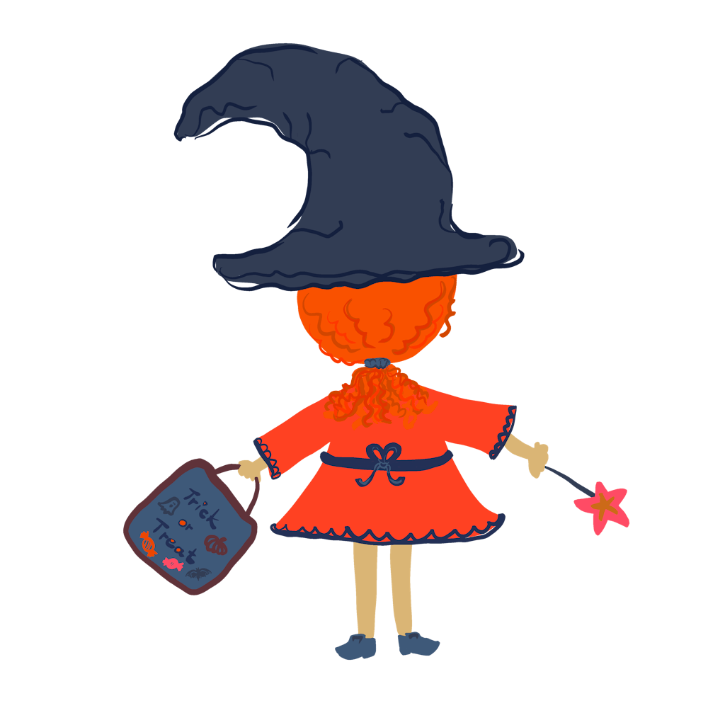 Little witch character with trick or treat bag, wizard hat and magic wand with ginger red hair