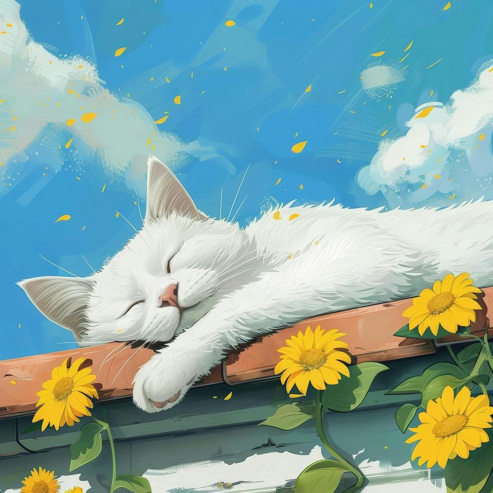 White Cat Sleeping On A Roof 1