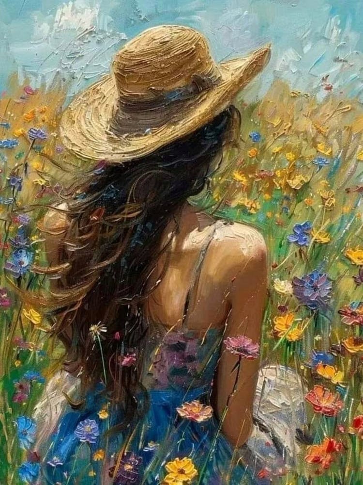 PERFECT - Woman on a Summer's Day - Abstract Impressionism Acrylic and Oil on Canvas by British Artist John Arwen Beautiful Colorful Floral Botanic Gallery Feature Wall Art - Blue Straw Hat Meadow HD
