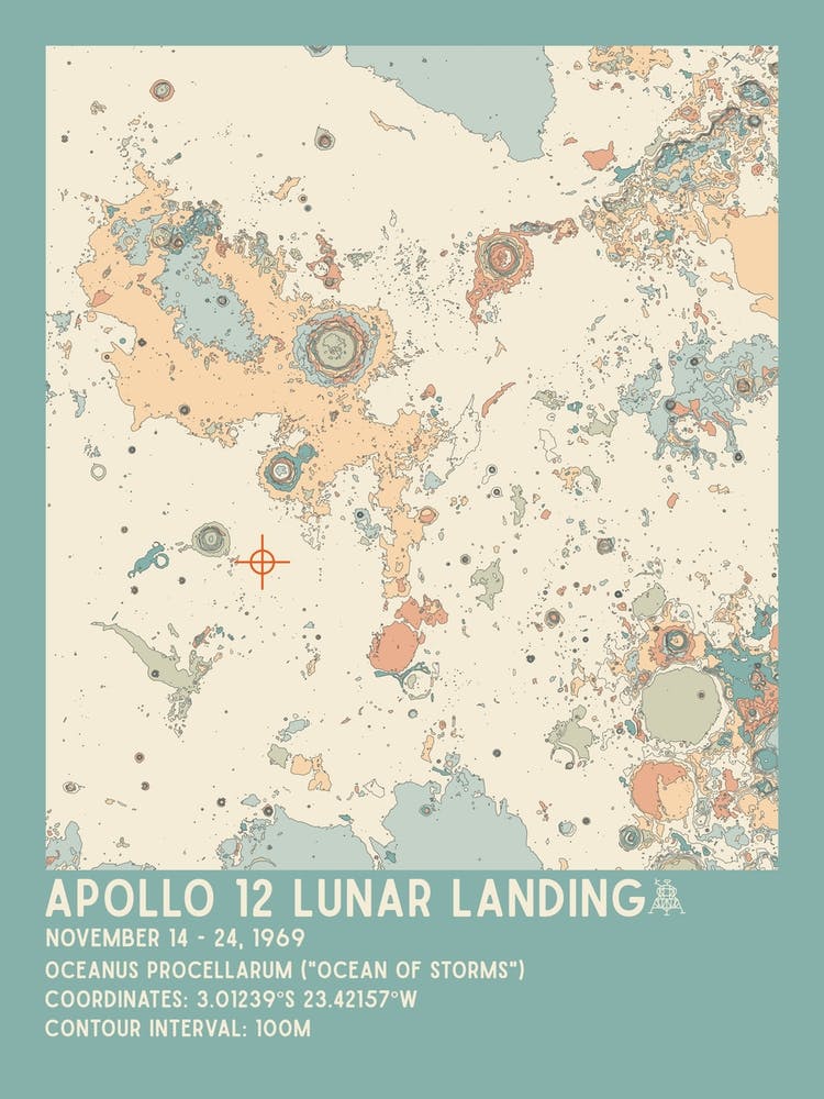 Apollo 12 Lunar Landing Site Vintage Moon Map