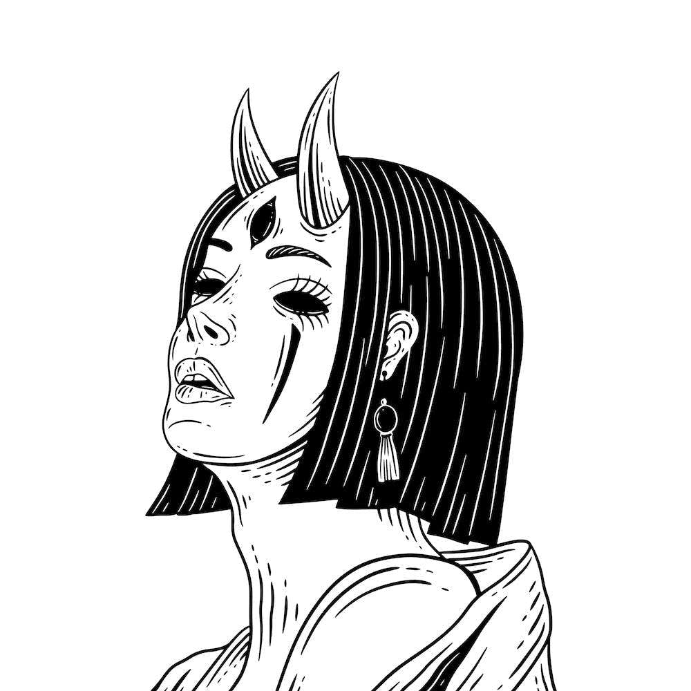 Line drawing of anime demon girl