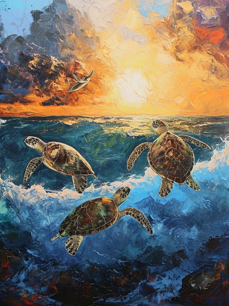 Expressionism Style Painting Of Sea Turtles In The Waves 1