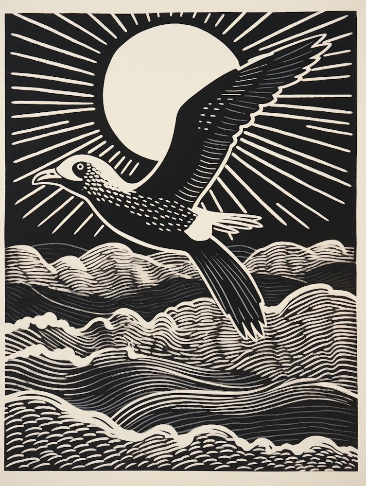 B&W Bird Linocut Seagull 2