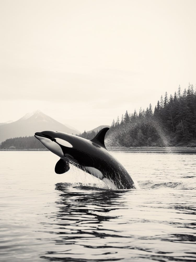 Black & White Photography Style Orca Whale Spraying Water