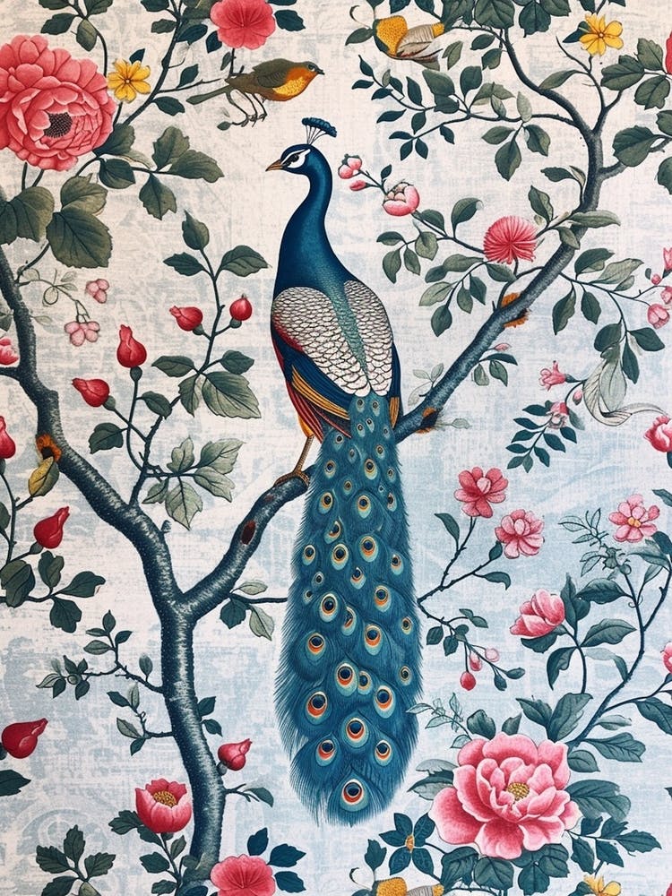 Vintage Floral Colour Peacock Wallpaper