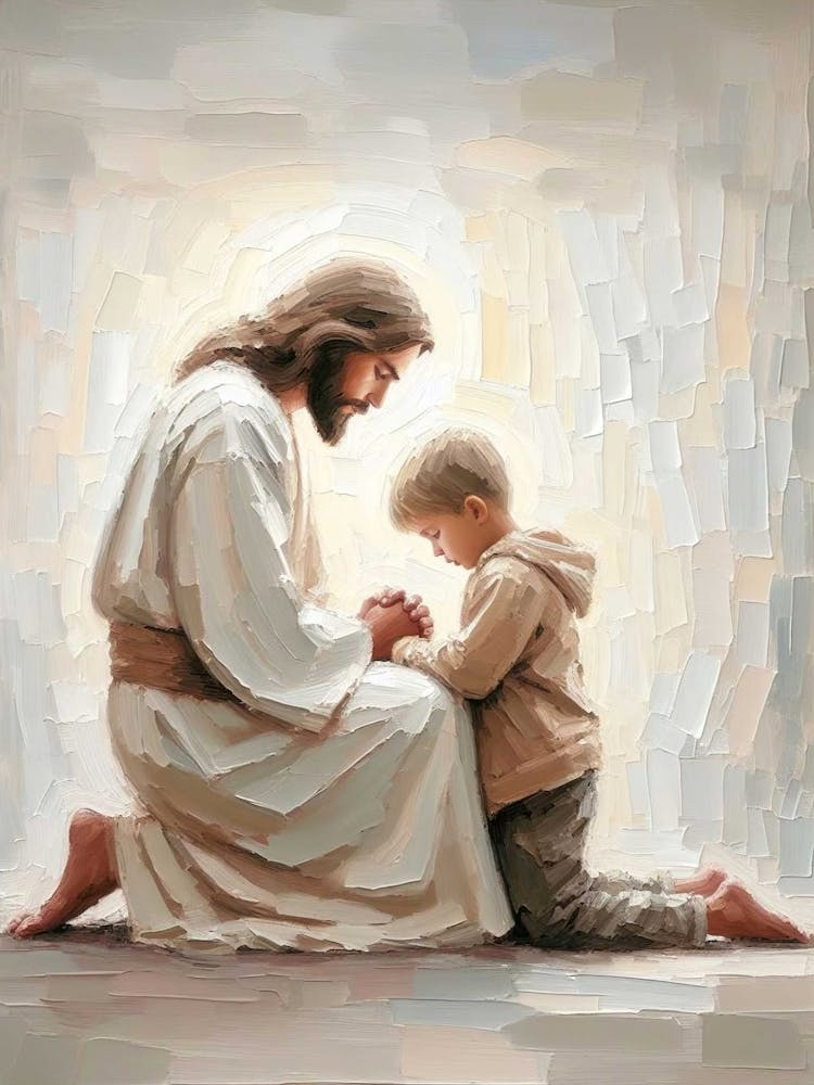 Jesus And Little Boy Praying, Christian Art, Jesus And Boy, Jesus And Kids, Jesus With Children, Jesus Art, Digital Lds Art, Bible Painting