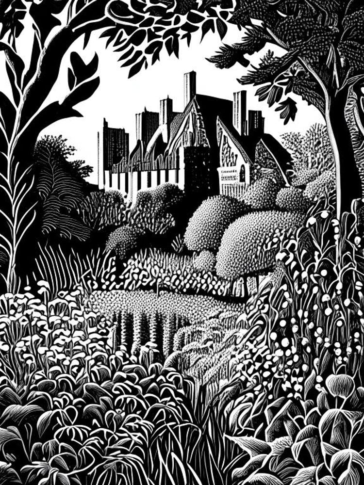 Sissinghurst Castle Garden, Royaume-Uni Linogravure Noir Et Blanc Vintage