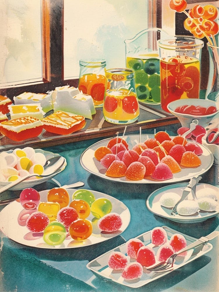 Jelly Dessert Platter Vintage Cookbook Style Illustration