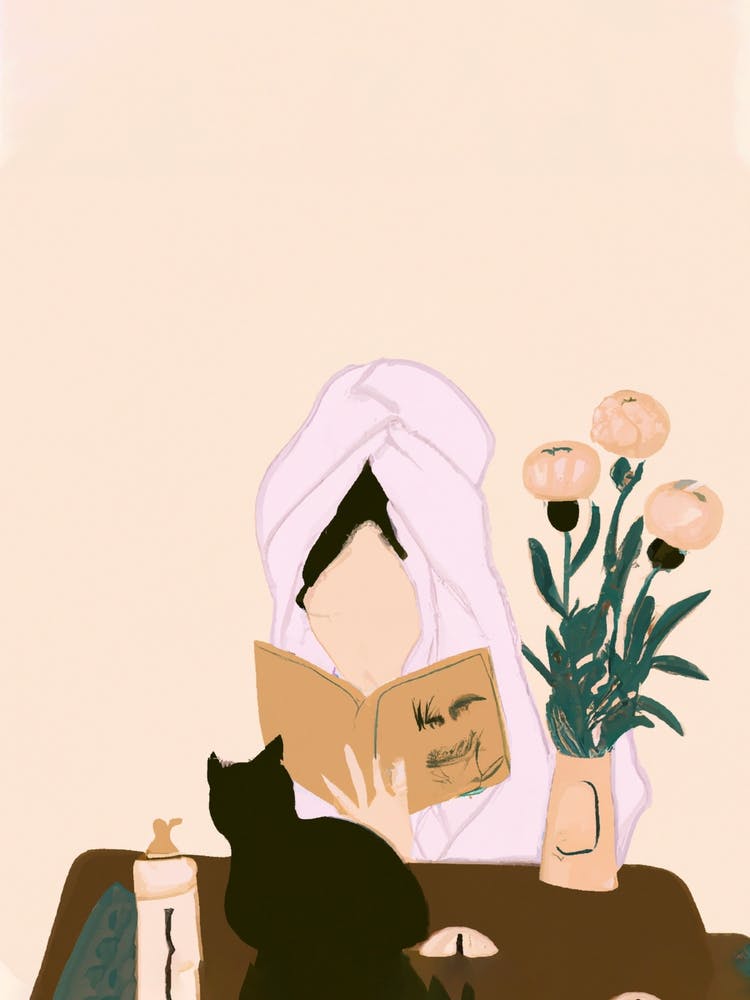 Black Cat And Girl Reading Books At Home