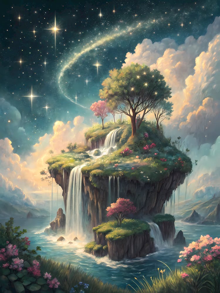 Oil Painting Style Floating Island Paradise Starry Sky & Magical Waterfall Landscape