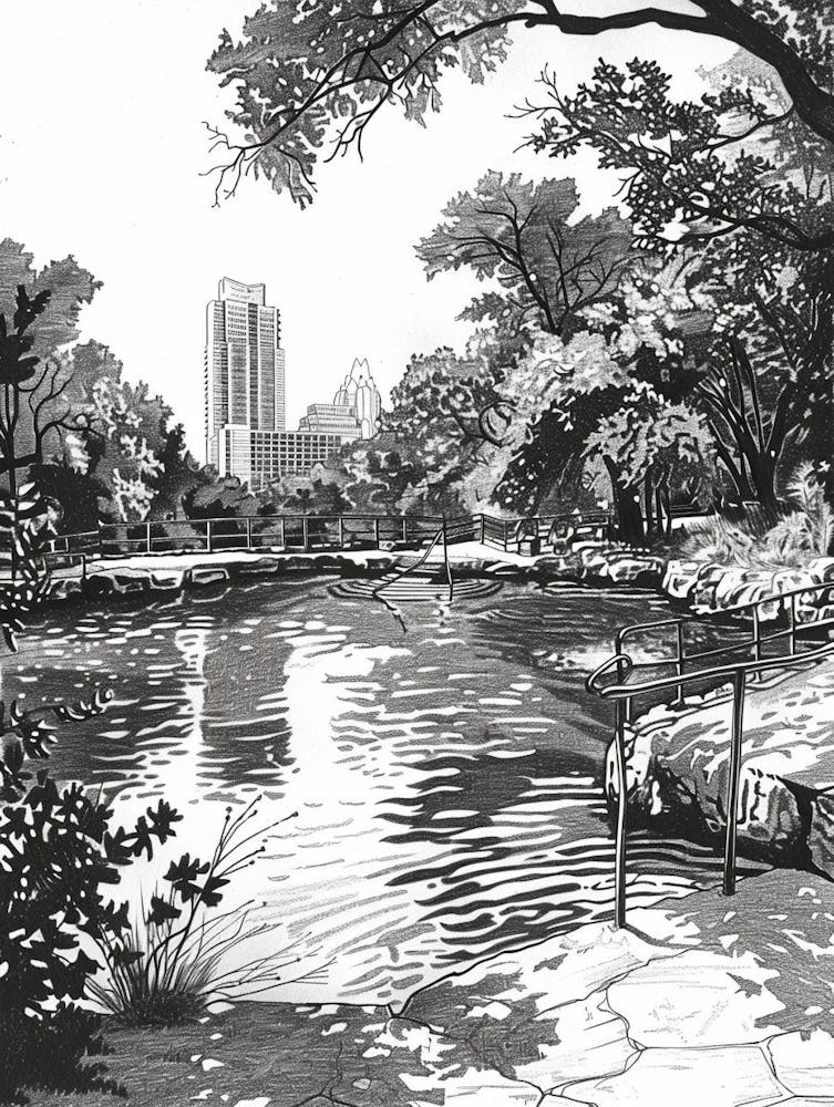 Barton Springs Pool Austin Texas Black And White Drawing 1