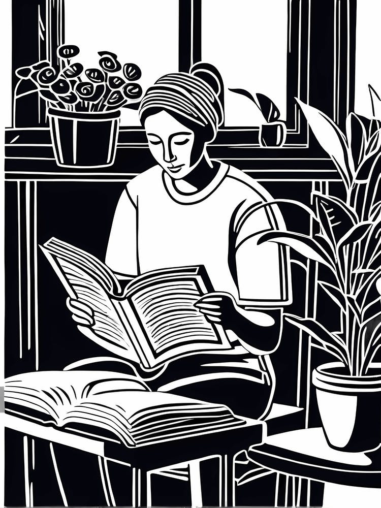Lino cut Inspired black and white Reading In the Garden Art, Garden Girl Art, Gardening reading, 241
