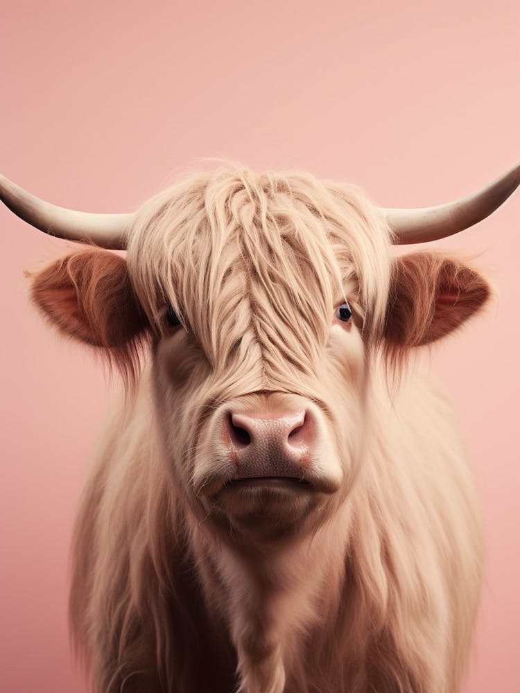 Pastel Pink Portrait Of Highland Cow 1