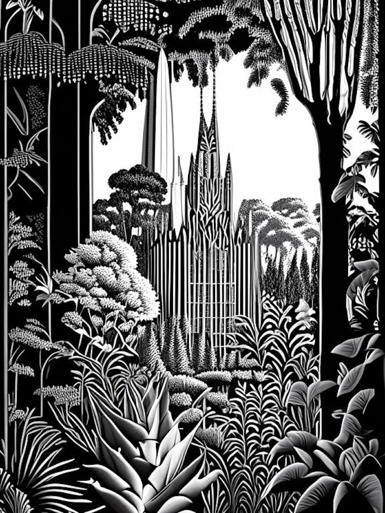 Bok Tower Gardens, 1, Usa Linogravure Noir et Blanc Vintage