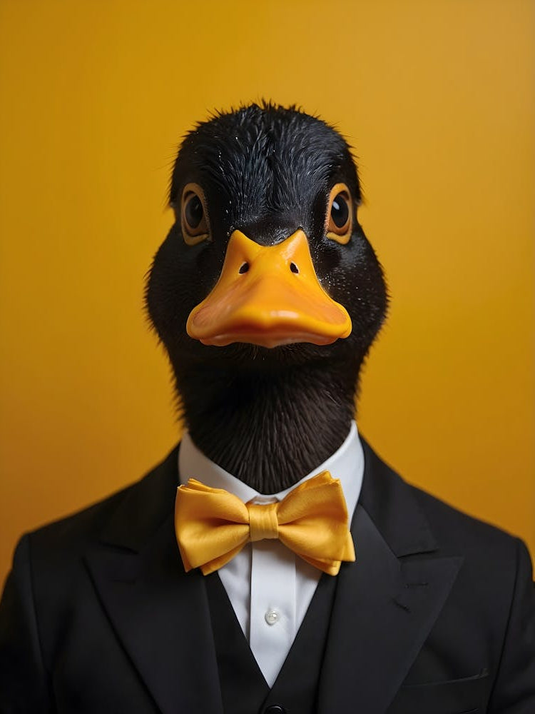 A whimsical portrait of a duck with a sleek black head and bright yellow beak, dressed in a classic black tuxedo and a cheerful yellow bow tie.
