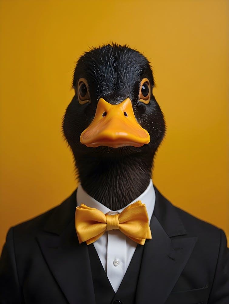 A whimsical portrait of a duck with a sleek black head and bright yellow beak, dressed in a classic black tuxedo and a cheerful yellow bow tie.