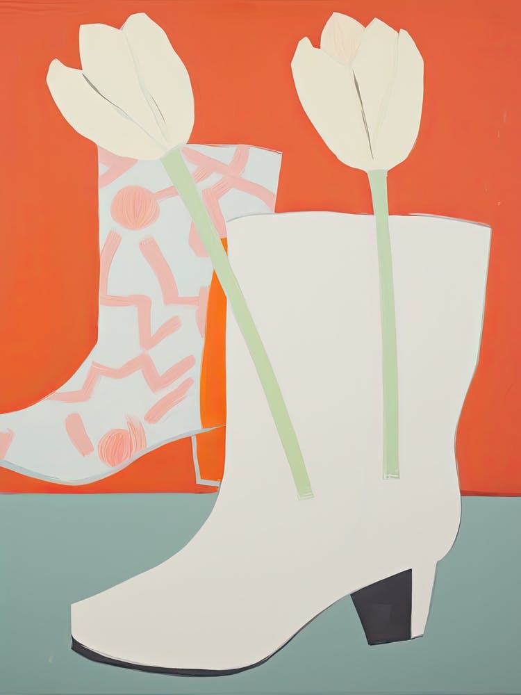 A Painting Of Cowboy Boots With Tulip Flowers, Pop Art Style 1