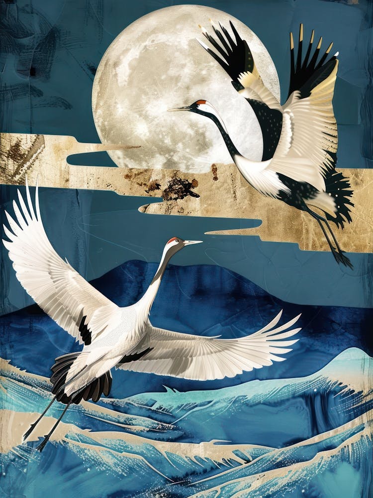 Cranes Flying Gold Blue Effect Collage 4