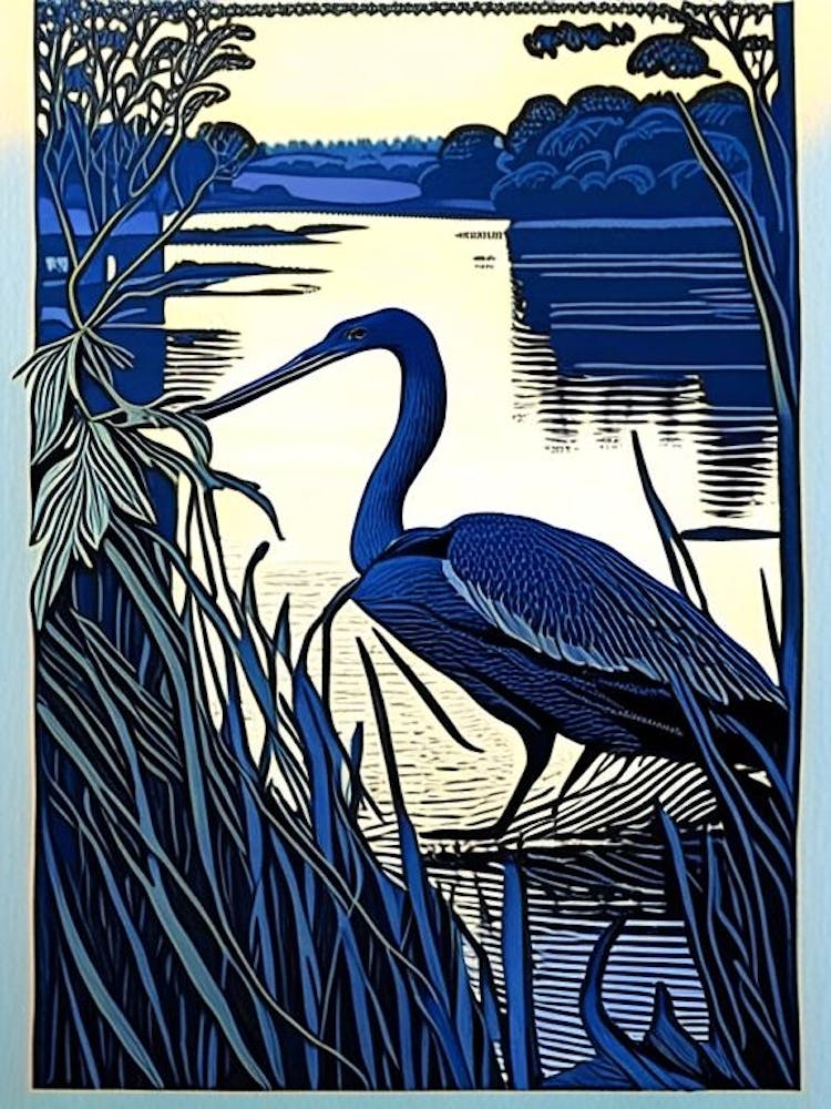 Blue Heron On Lake Vintage Linocut 1