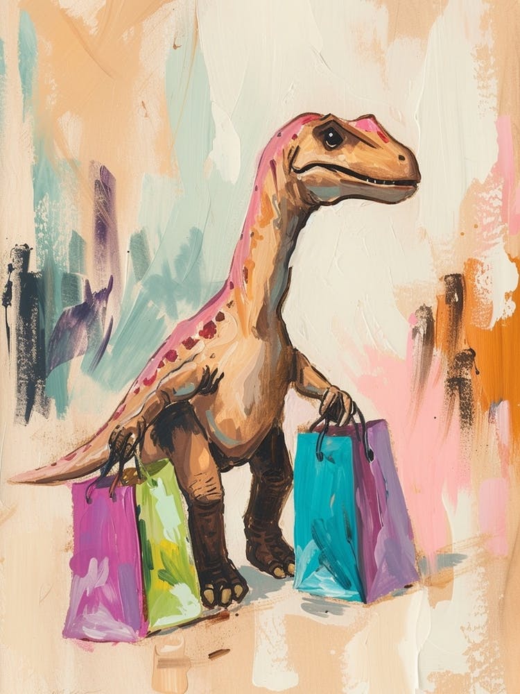 Dinosaur With Shopping Bags Pastel Brushstroke 1