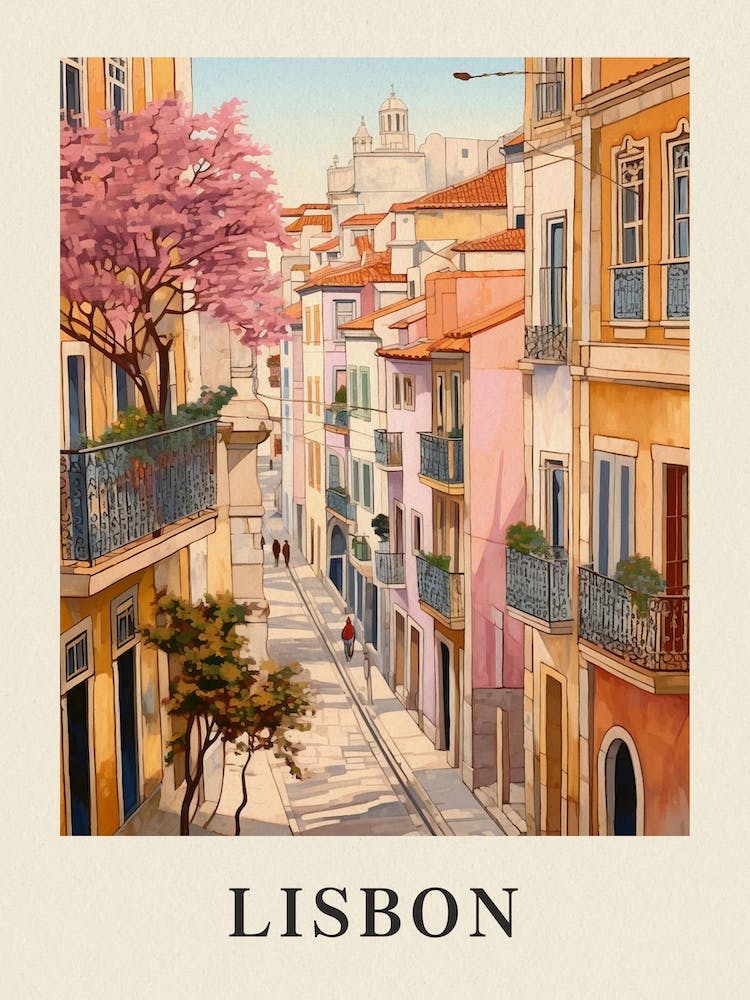 Lisbon Portugal 2 Vintage Pink Travel Illustration Poster
