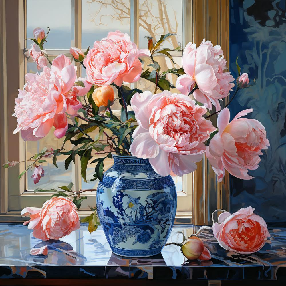 Pink Peonies In A Blue Vase
