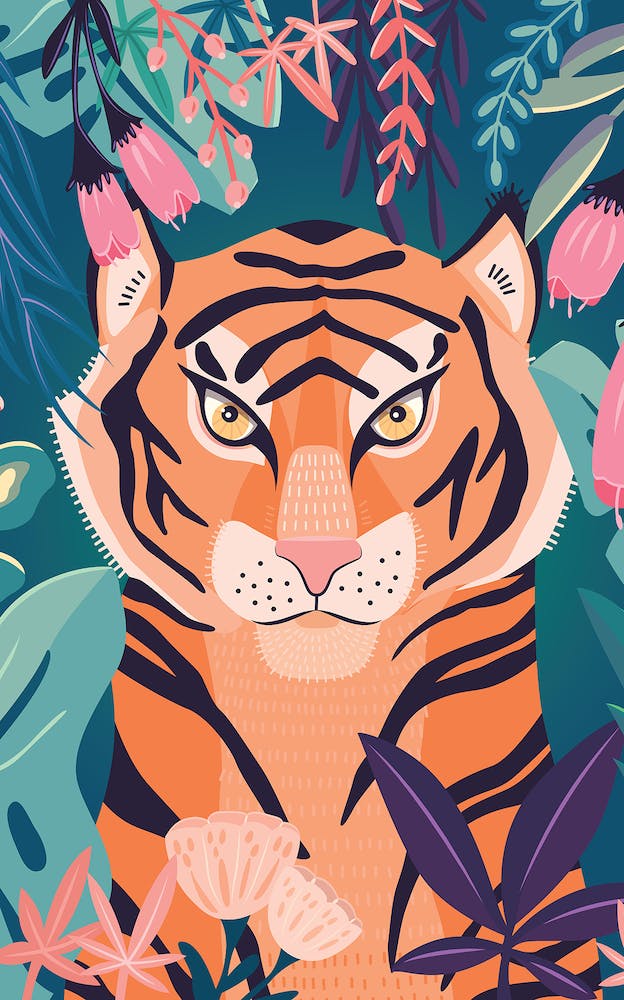Tiger Portrait With Florals On Green