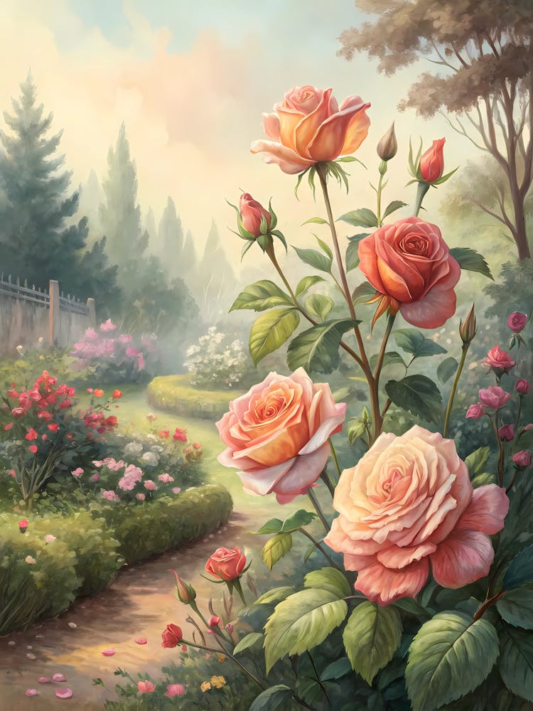 Oil Painting Style Garden Rose Pathway Enchanting Floral Landscape with Archway