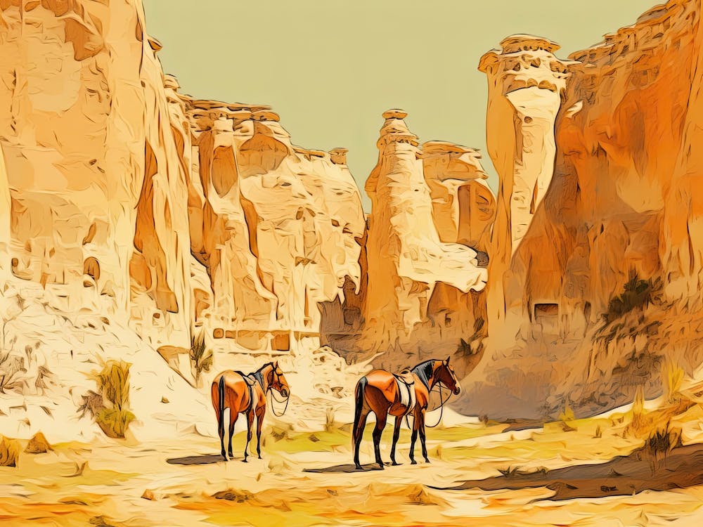 Horses Painting In Cappadocia, Turkey, Landscape 1