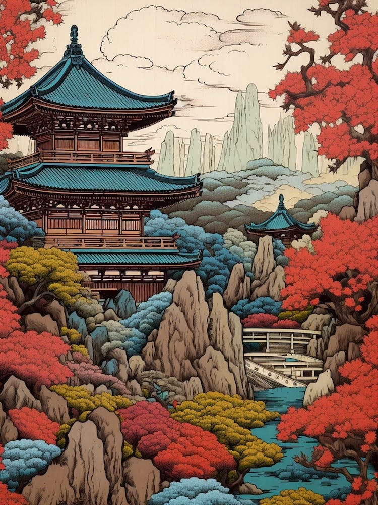 Kenrokuen Garden, Japan Vintage Travel Art 1