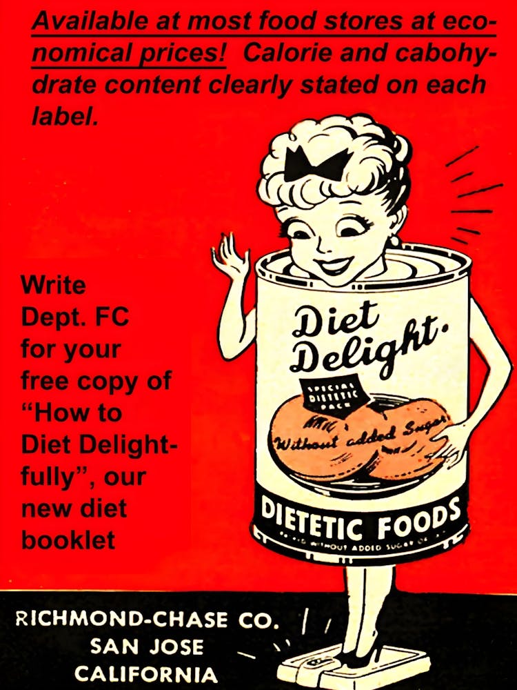 Diet Delight, Girl in a Can,Dietetic Foods, Funny Vintage Advertising Poster