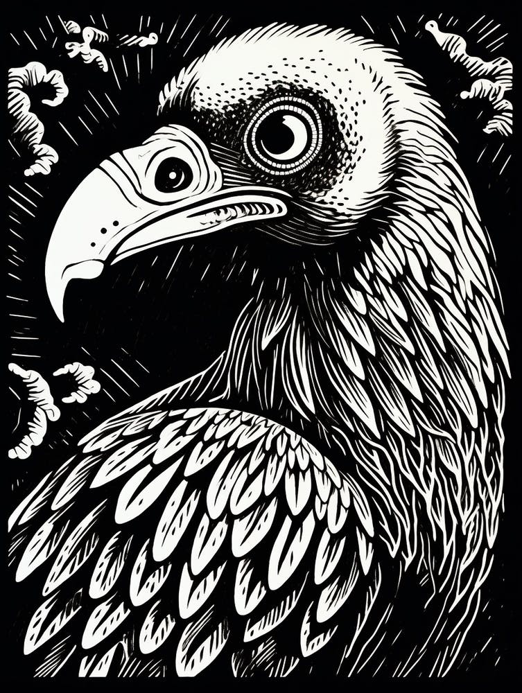 B&W Bird Linocut Vulture 1