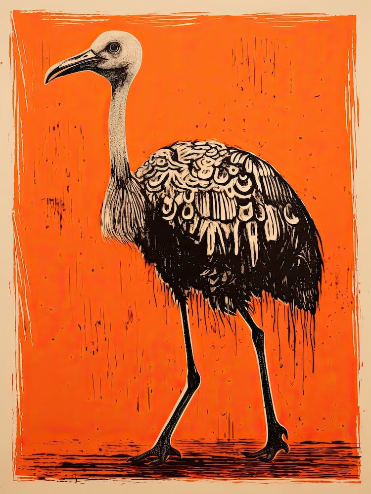 Ostrich, Woodblock Animal Drawing 1