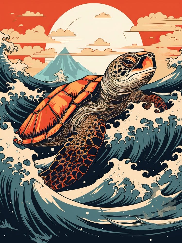 Sea Turtle Animal Drawing In The Style Of Ukiyo E 4