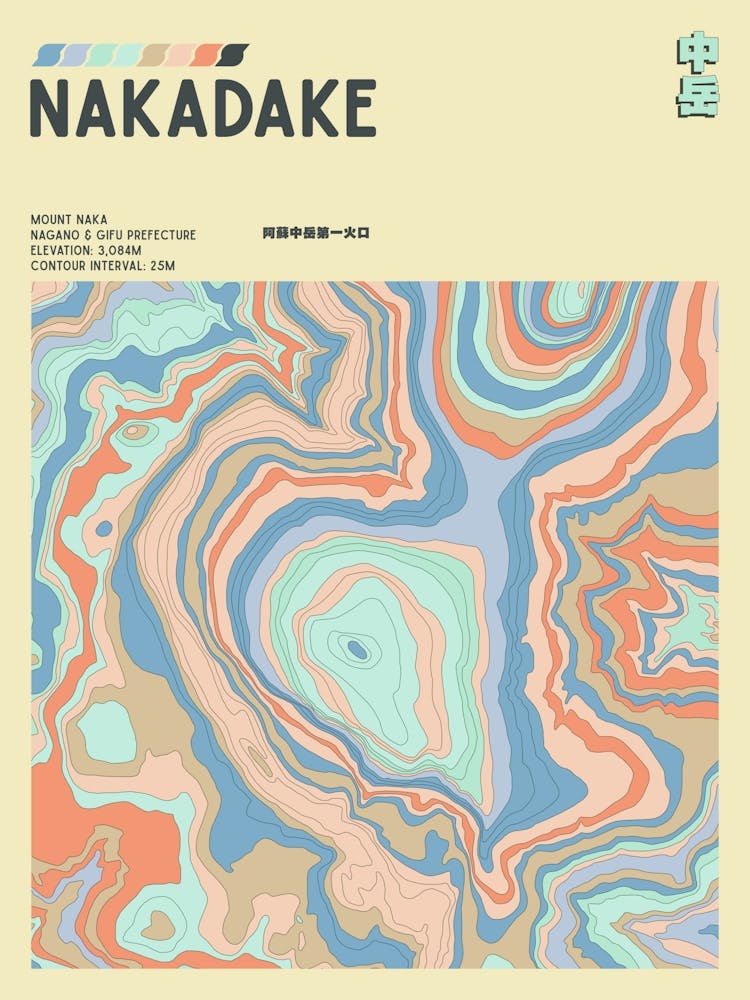 Japan - Mount Naka - Nakadake - Contour Map Print