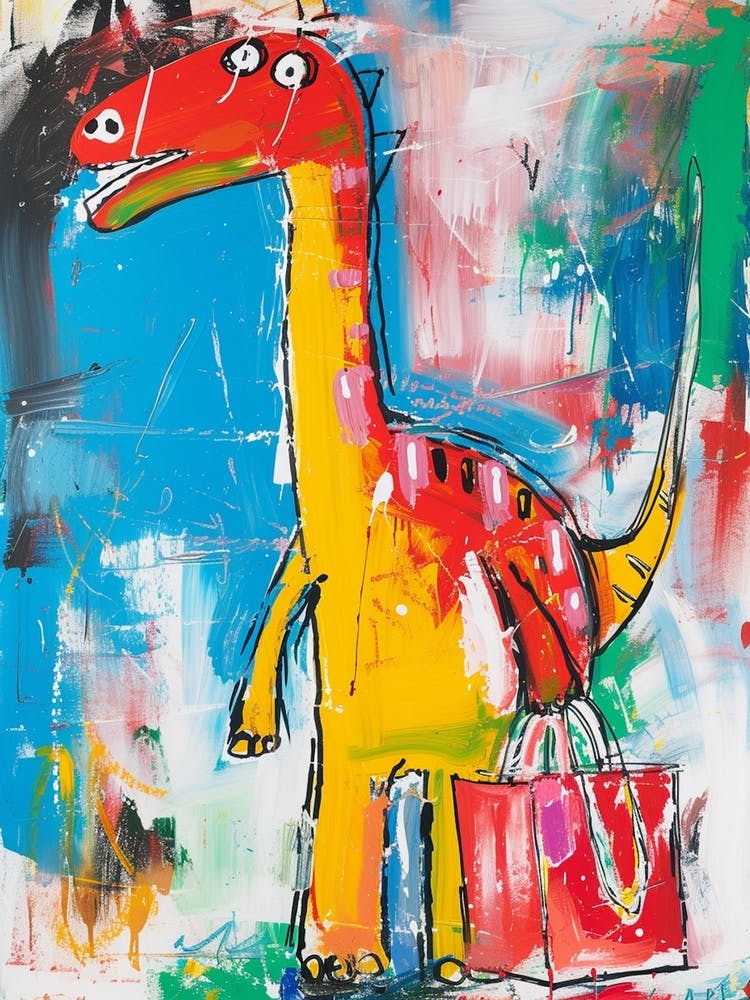 Dinosaur Shopping With Shopping Bags Abstract Painting 3