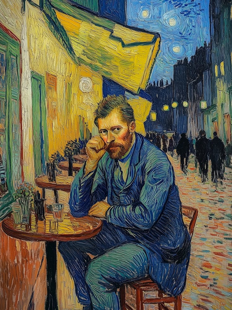 Caféterrasse am Abend mit Vincent van Gogh, Impressionismus Selbstportät